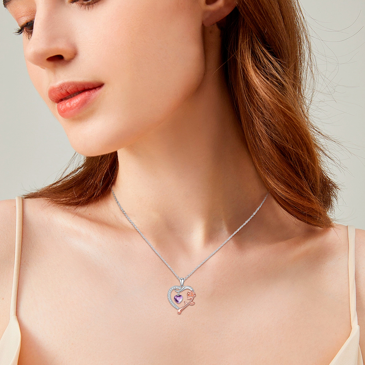 February Birthstone Necklace - Silvery 925 Heart Rose Golden Pendant